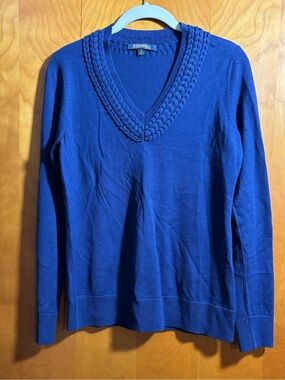 Brooks Brothers Women's V-Neck Cable-Trim Sweater - Blue, Size Small